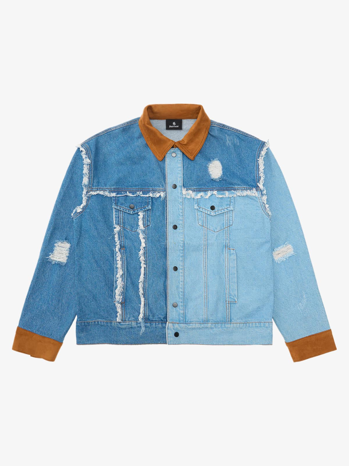 Thesupermade Flame-themed Deconstructed Color-contrast Reconstructed Distressed Raw-edge Denim Jacket 