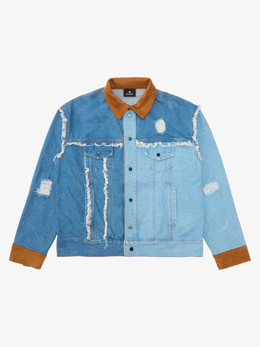 Thesupermade Flame-themed Deconstructed Color-contrast Reconstructed Distressed Raw-edge Denim Jacket 