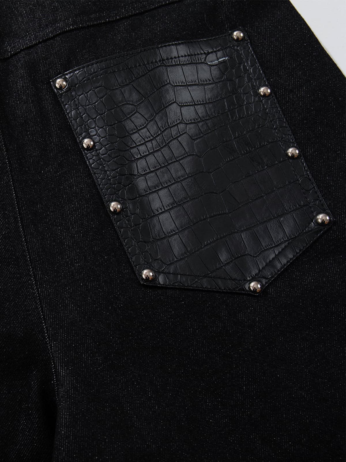 Black Denim Wide-Leg Cropped Pants with Leather Panels and Stud Details 