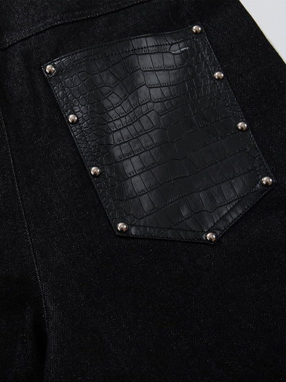 Black Denim Wide-Leg Cropped Pants with Leather Panels and Stud Details 