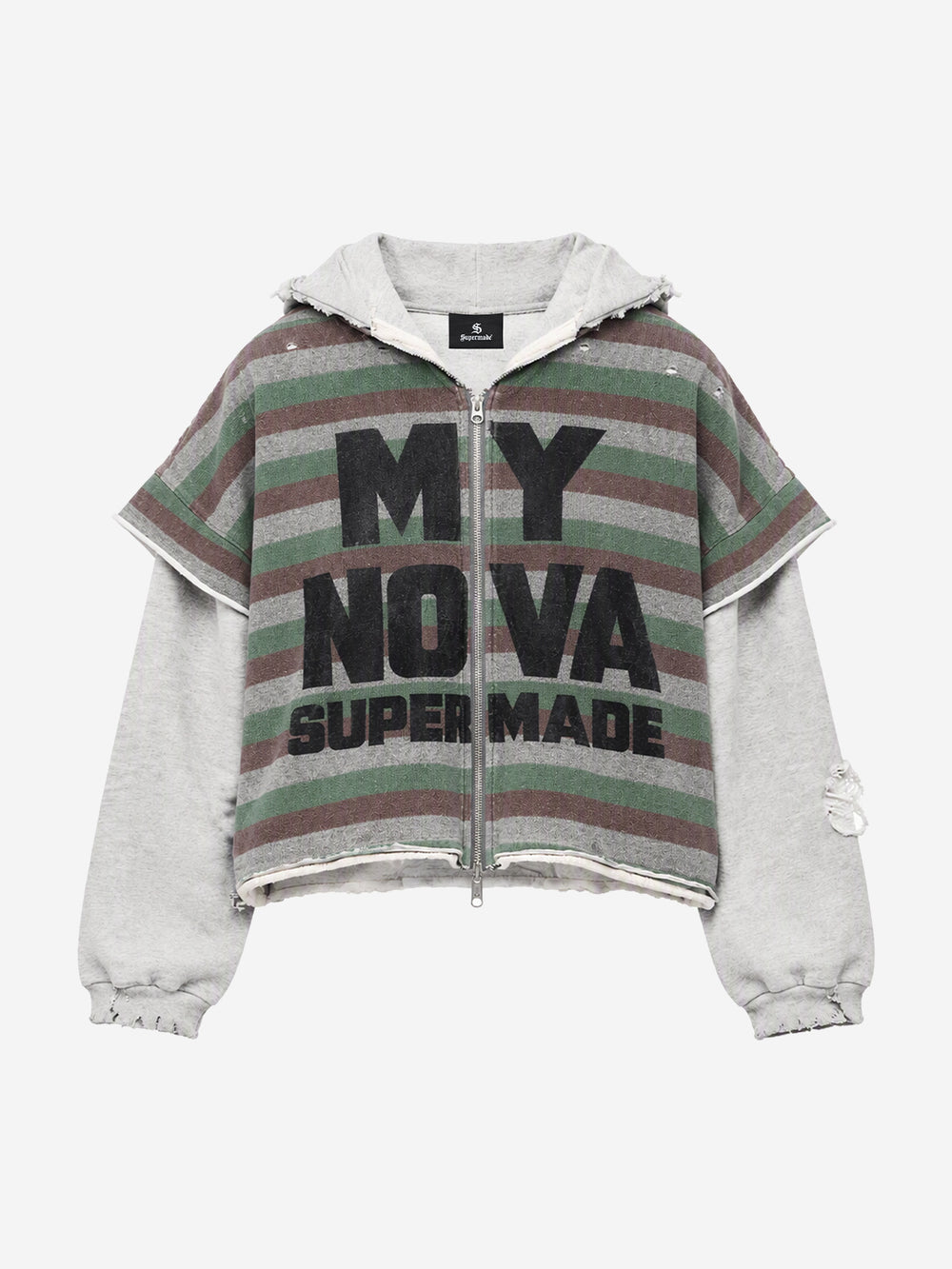 Striped Layered Distressed Cropped Zip Hoodie