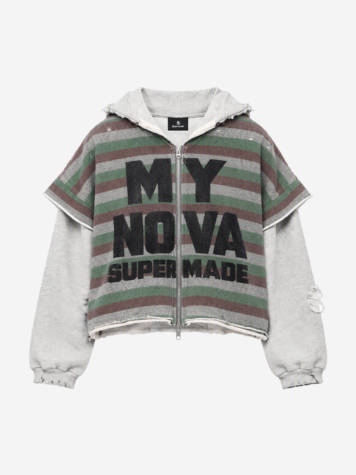 Striped Layered Distressed Cropped Zip Hoodie