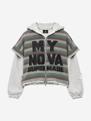 Striped Layered Distressed Cropped Zip Hoodie