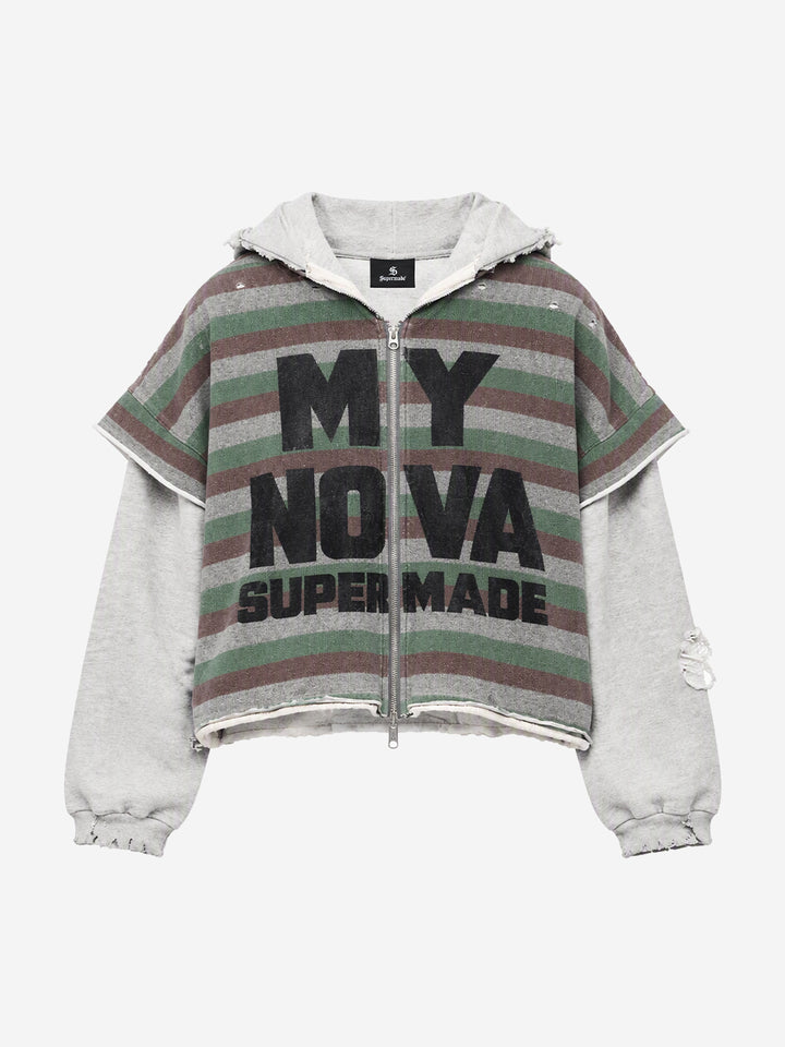 Striped Layered Distressed Cropped Zip Hoodie