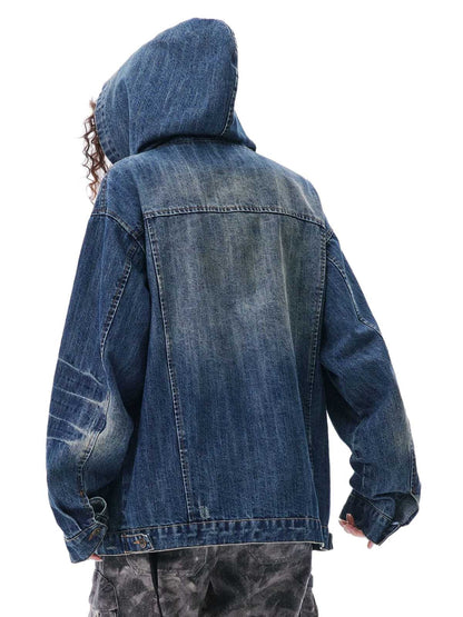 Retro Washed Workwear Denim Hooded Jacket 