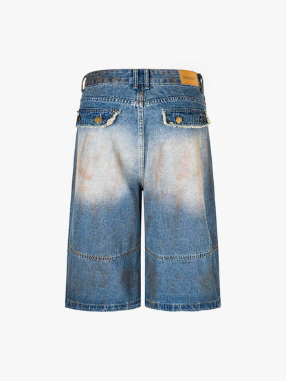 Street Retro Distressed Buttons Raw Edge Dirty Denim Shorts 