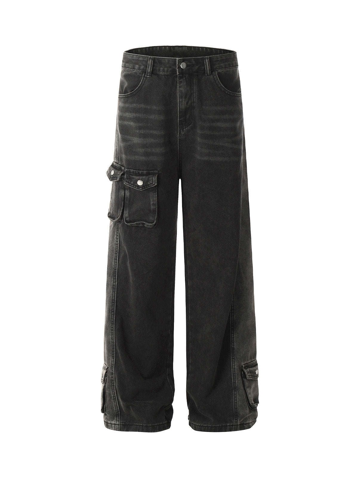 Washed Distressed Multi-pocket Straight Cargo Jeans 