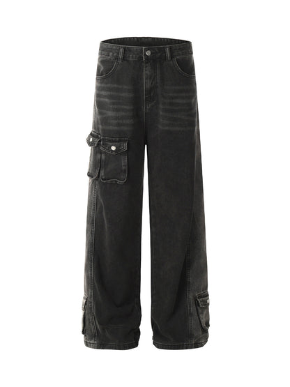 Washed Distressed Multi-pocket Straight Cargo Jeans 