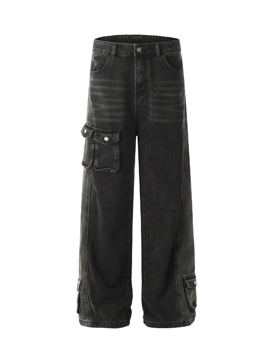 Washed Distressed Multi-pocket Straight Cargo Jeans 
