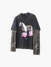 Cotton Blend Oversized Graphic Tee with Leopard Horse Print and Camo Layered Sleeves 