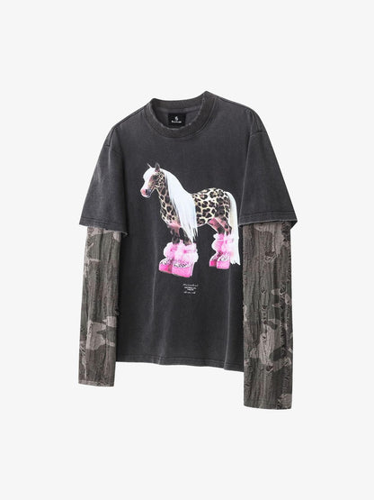 Cotton Blend Oversized Graphic Tee with Leopard Horse Print and Camo Layered Sleeves 