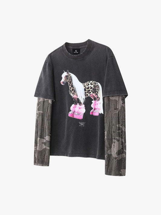 Cotton Blend Oversized Graphic Tee with Leopard Horse Print and Camo Layered Sleeves 