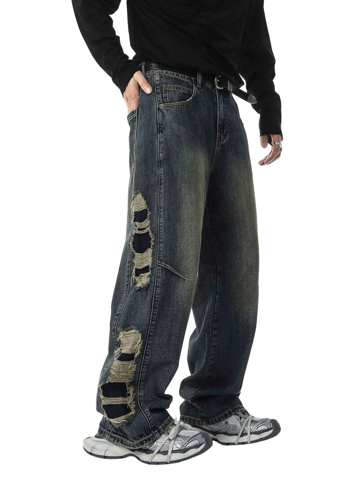 Washed Side Ripped Straight Jeans 