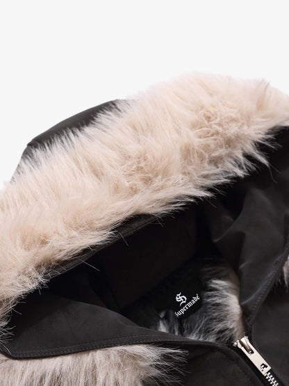 Faux Fur Trimmed Hood Suede Bomber Jacket 