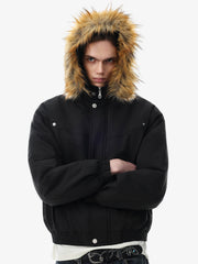 Deconstructed Layered Hooded Faux-Fur Collar Puffer Jacket