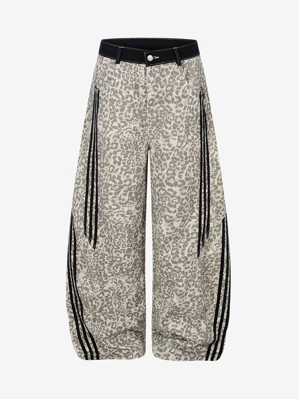 Leopard Print Curved Stripe Baggy Jeans