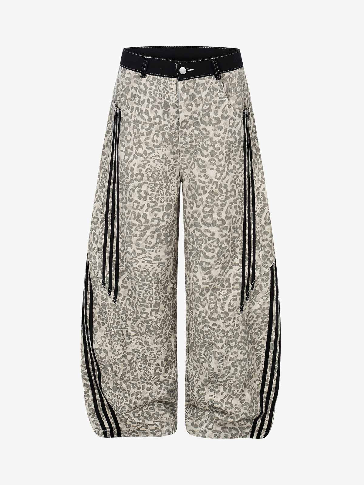 Leopard Print Curved Stripe Baggy Jeans