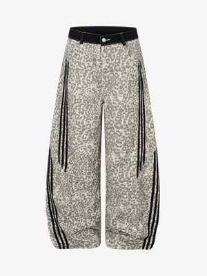 Leopard Print Curved Stripe Baggy Jeans