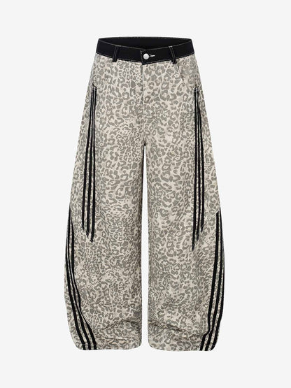 Leopard Print Curved Stripe Baggy Jeans