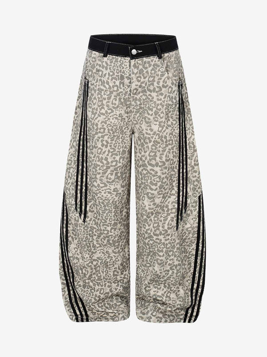 Leopard Print Curved Stripe Baggy Jeans