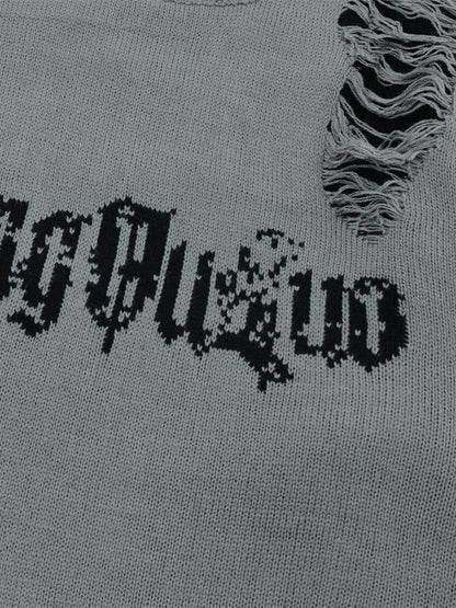 High Street Ripped Raw Edge Knitted Letter Jacquard Sweater 