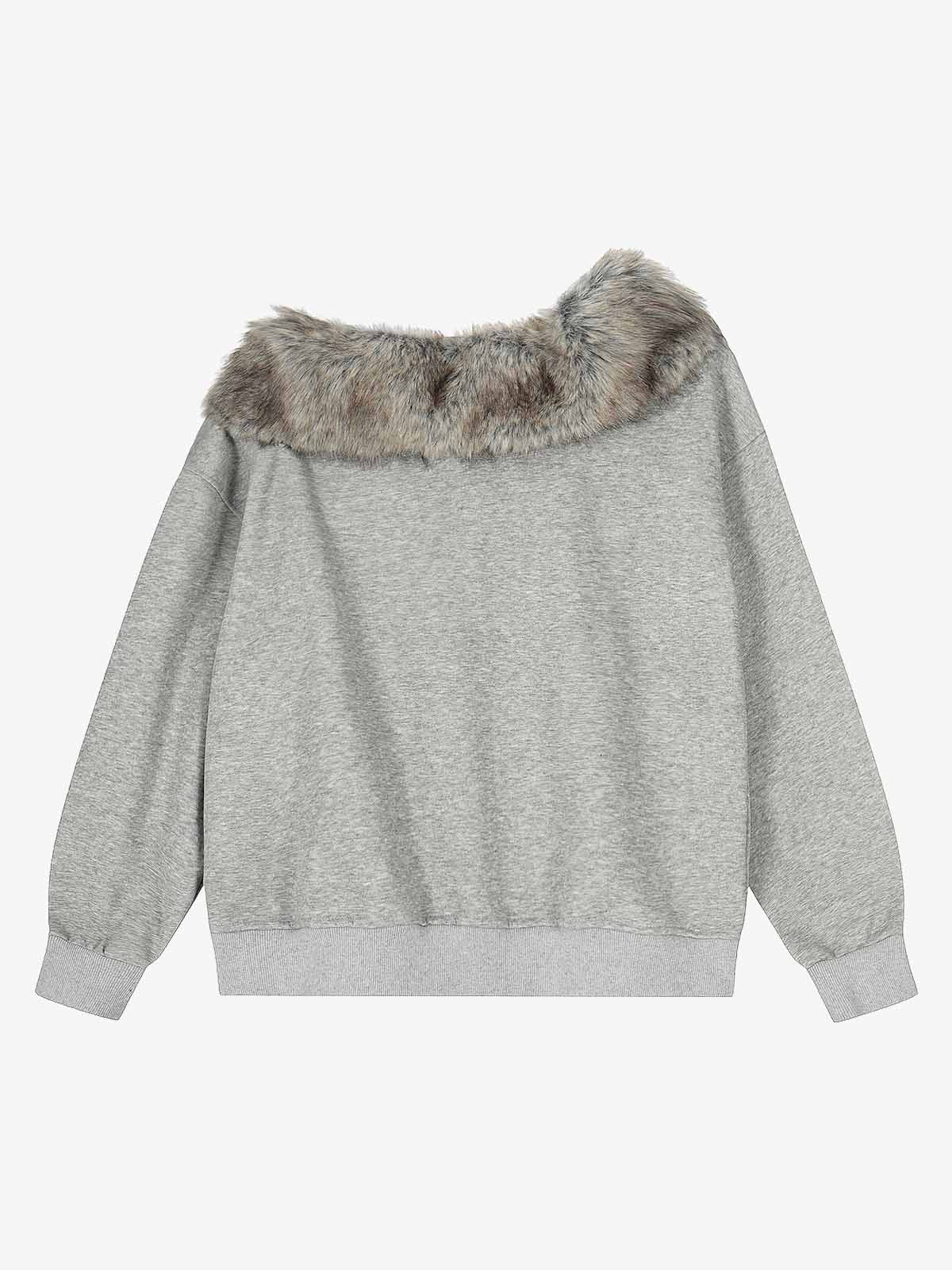Off-Shoulder-Sweatshirt mit Pelzkragen und Grafikprint '98