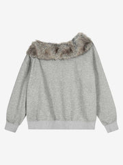 Off-Shoulder-Sweatshirt mit Pelzkragen und Grafikprint '98