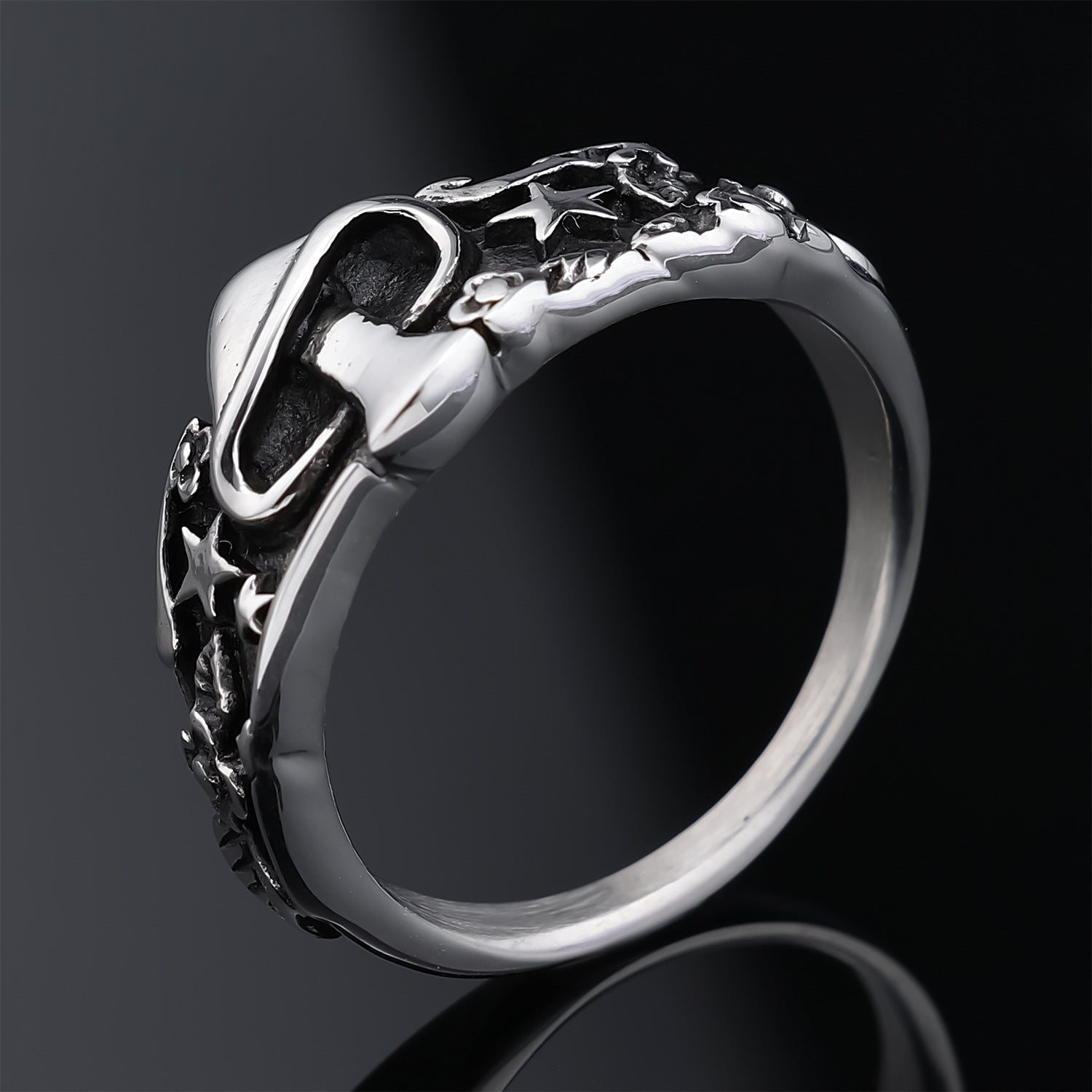Sterling Silver Dragon Ring with Star and Flower Design Men's Gothic Jewelry 