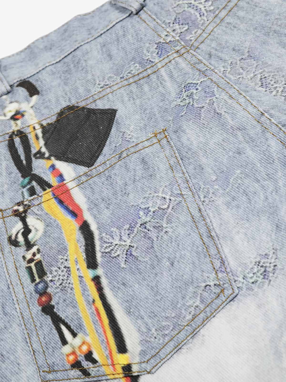 Ribbon Print Scimitar Wide-Leg Jeans 