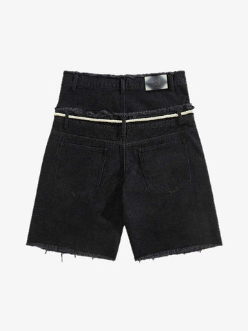 Rhinestone Letter Graphic Drawstring Denim Shorts