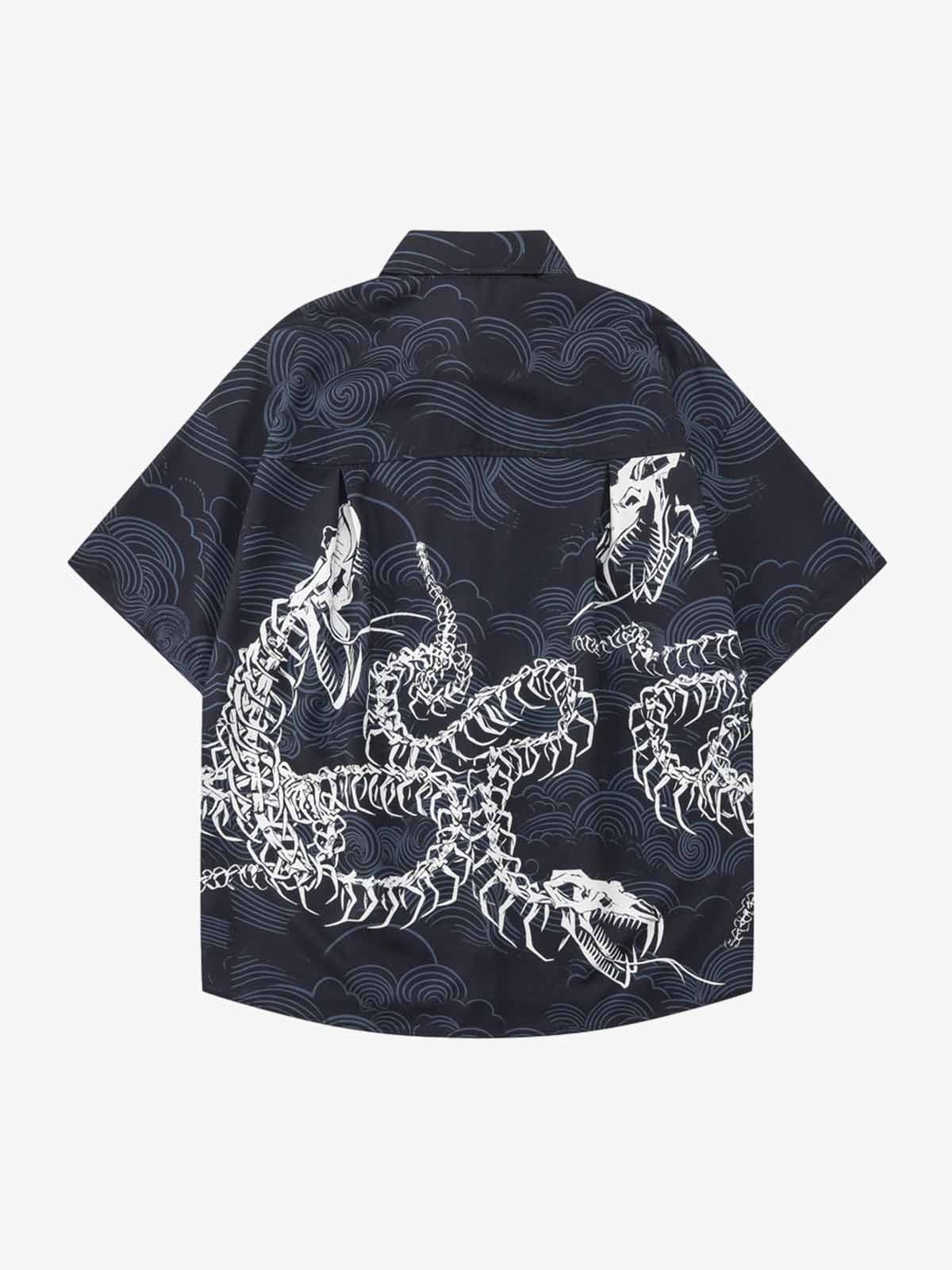 Japanese Wave Dragon Skeleton Camp Collar Boxy Shirt 