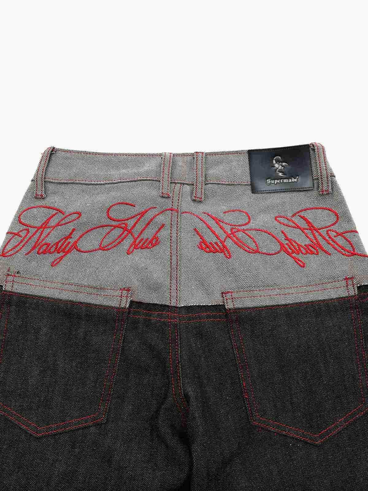 Faux-Layered Embroidered Color Block Jeans