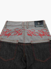 Faux-Layered Embroidered Color Block Jeans