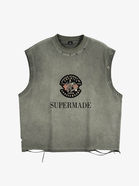 T-shirt sans manches à œillets délavé sur le côté