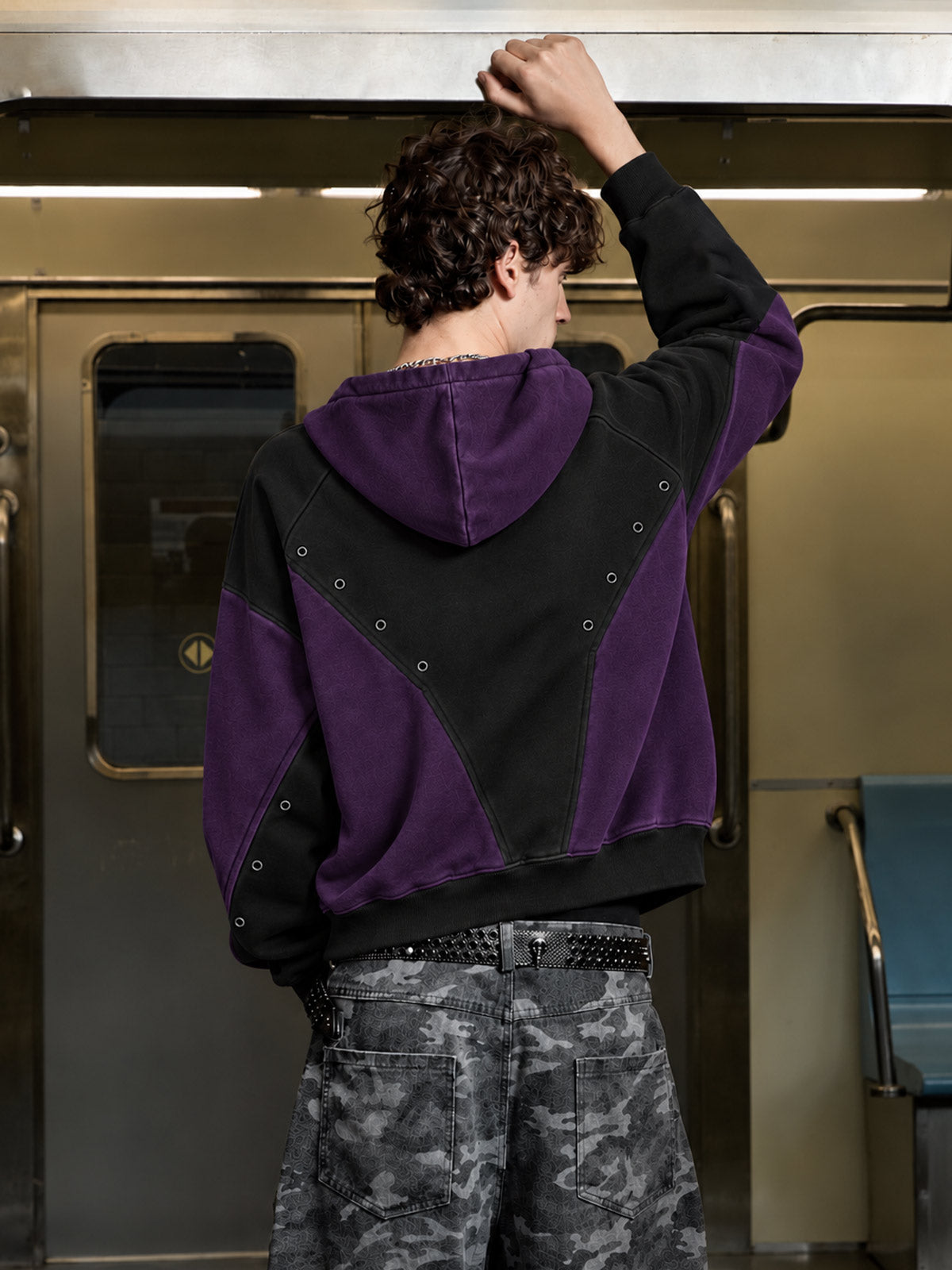 Contrast Panel Studded Zip-Up Hoodie