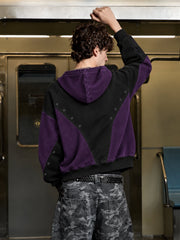Contrast Panel Studded Zip-Up Hoodie