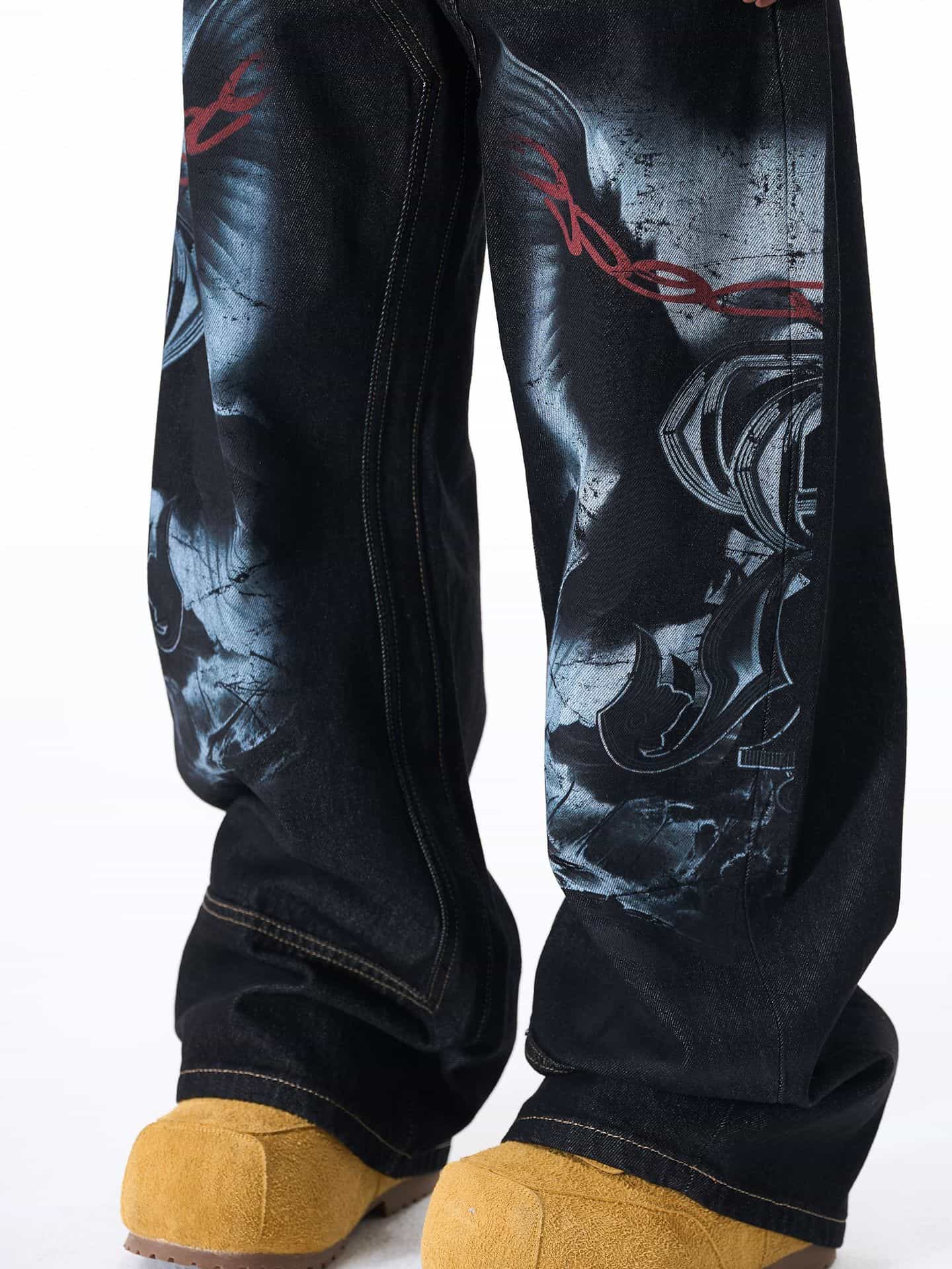 Dark Gothic Graphic Wide-Leg Jeans 