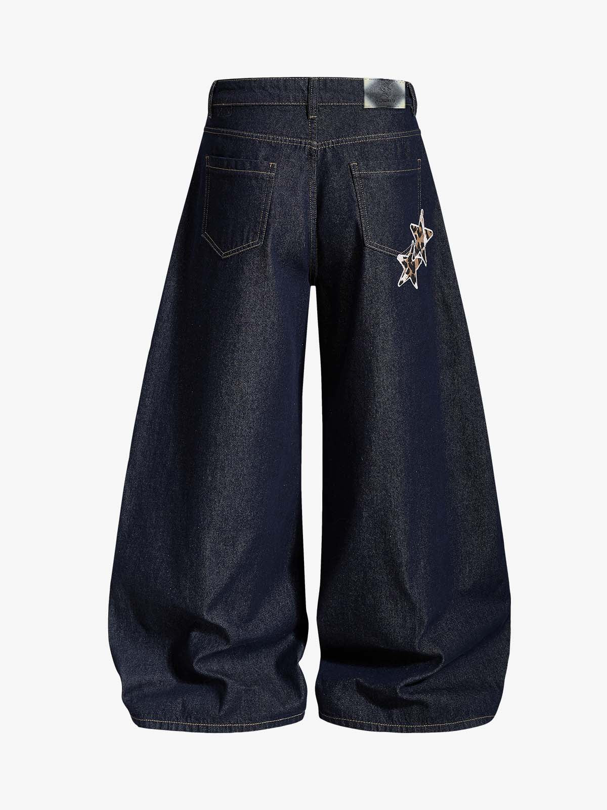 Thesupermade Raw Denim Star Leopard Patch Embroidery Baggy Jeans