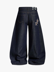 Thesupermade Raw Denim Star Leopard Patch Embroidery Baggy Jeans