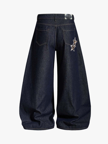 Thesupermade Raw Denim Star Leopard Patch Embroidery Baggy Jeans