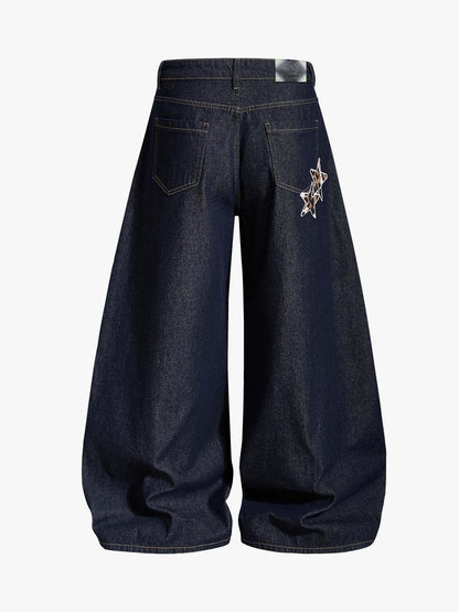 Thesupermade Raw Denim Star Leopard Patch Embroidery Baggy Jeans