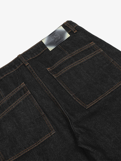 Wide-Leg Denim Trousers with Distressed Pockets and Functional Design 