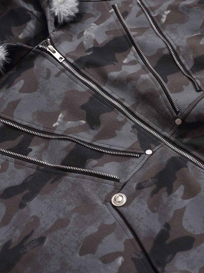 Camoflage Faux Fur Collar Zip Design Bomber Jacket 