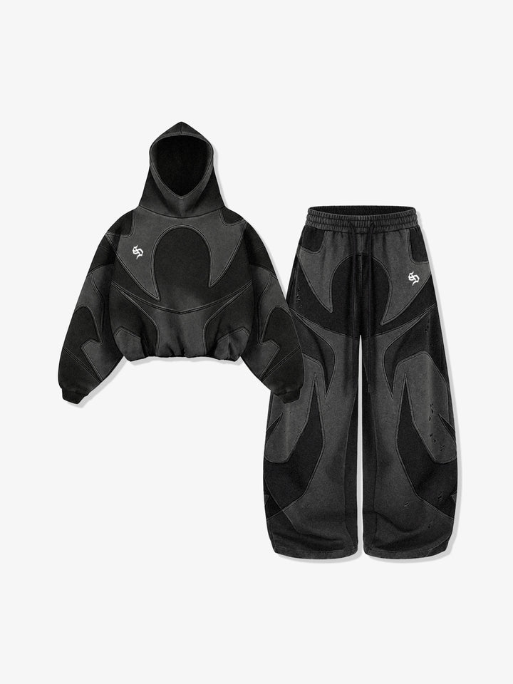 Washed Panel Detail Boxy Hoodie & Wide-Leg Sweatpants Set