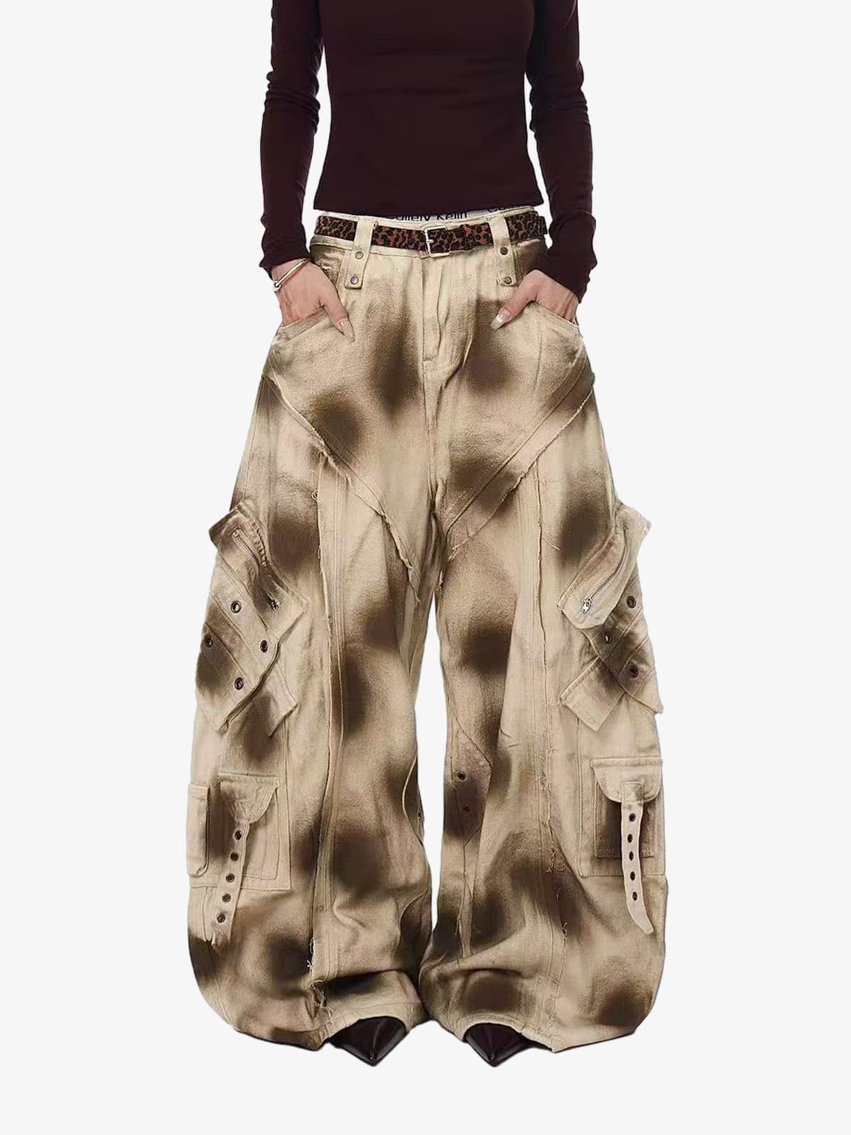 Retro Heavy Wash Gradient Cargo Barrel Jeans 