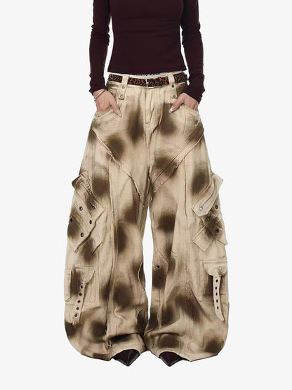 Retro Heavy Wash Gradient Cargo Barrel Jeans 