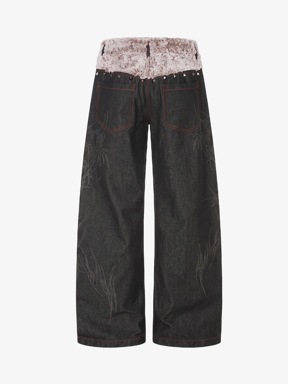 Studded Plush Patchwork Waist Thorn Print Jeans
