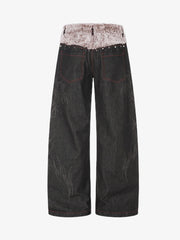 Studded Plush Patchwork Waist Thorn Print Jeans