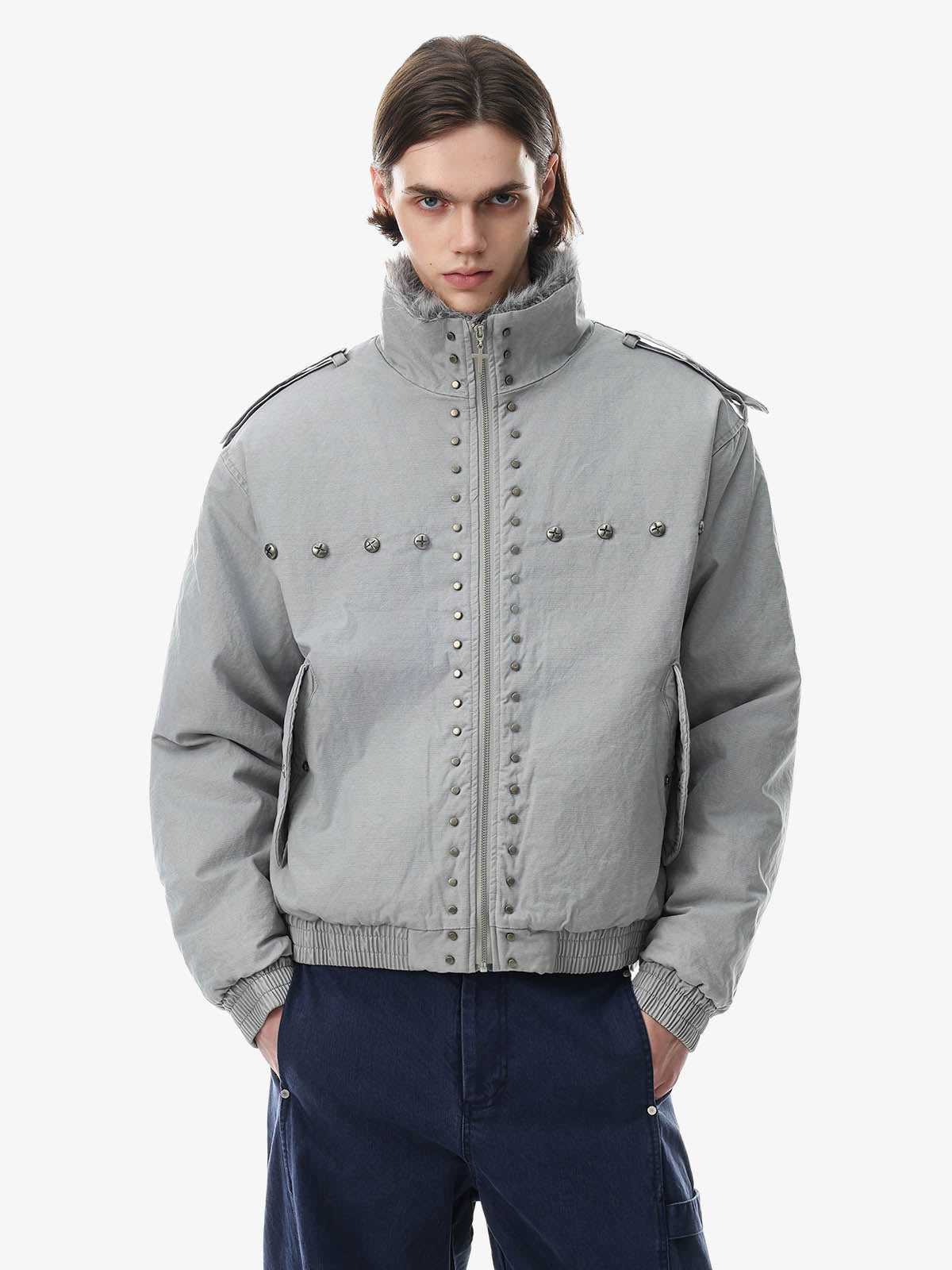 Studded Faux-Fur Collar Bomber Coat