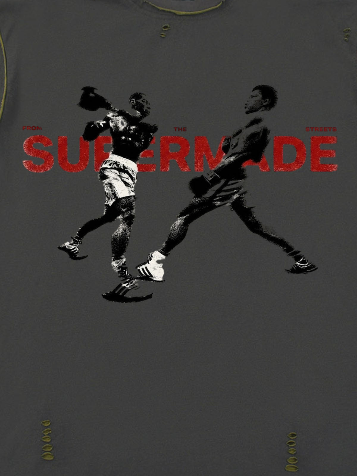 Black Distressed Graphic T-Shirt with Boxing Print – Relaxed Fit Streetwear Tee